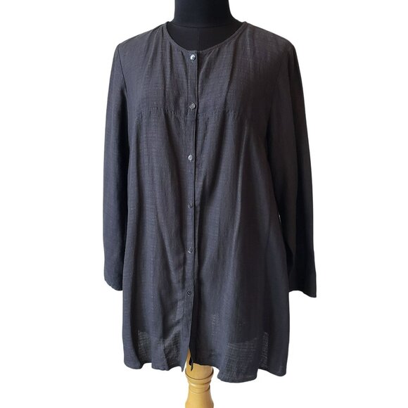 Eileen Fisher Petite Linen Viscose Black Gray Button Down Top Blouse Petite S PS - Picture 1 of 11